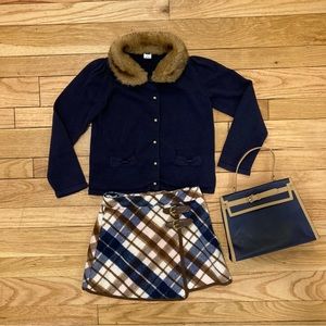 BUNDLE: Janie & Jack Kids Navy Blue & Brown Matching Cardigan, Skirt, Purse EUC